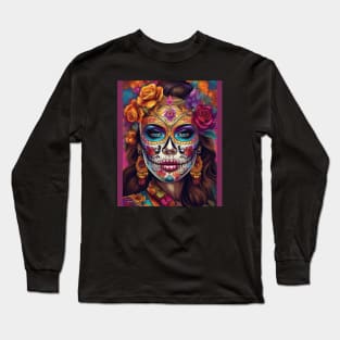 Colorful Remembrance: Woman's Stunning Sugar Skull Makeup Long Sleeve T-Shirt
